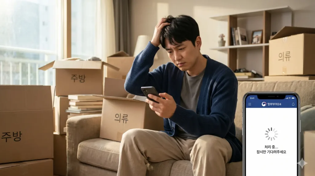 모바일 전입신고 세대주 확인 방법 및 문자 안 올 때 대처법 1 스마트폰으로 정부24 앱을 보며 고민하는 사람의 모습과 모바일 전입신고 화면
